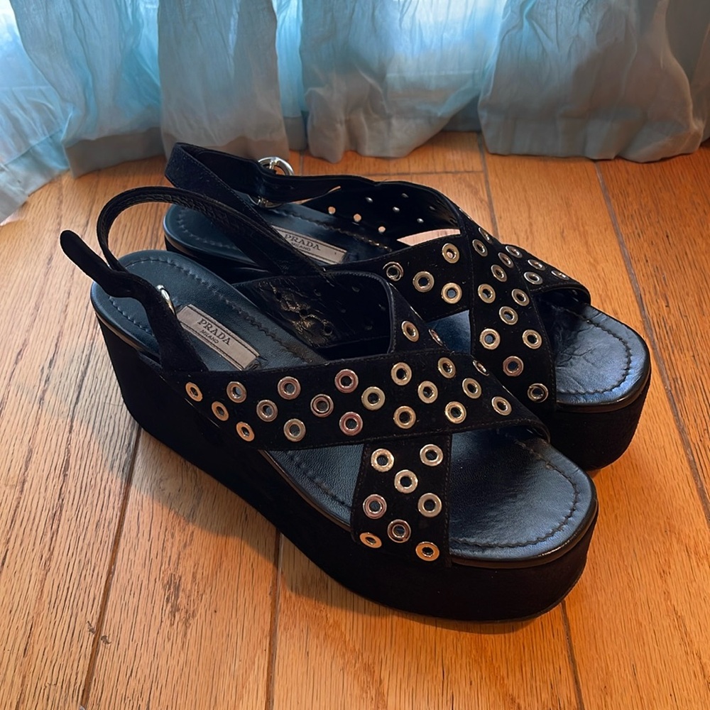 PRADA PLATFORMS Black Suede Silver Eyelet Hardware Open Toe Strap On EU 40 US 9